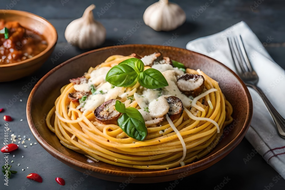 A mouth-watering plate of Pici allaglione, a Tuscan pasta dish with a flavorful garlic sauce. Gener