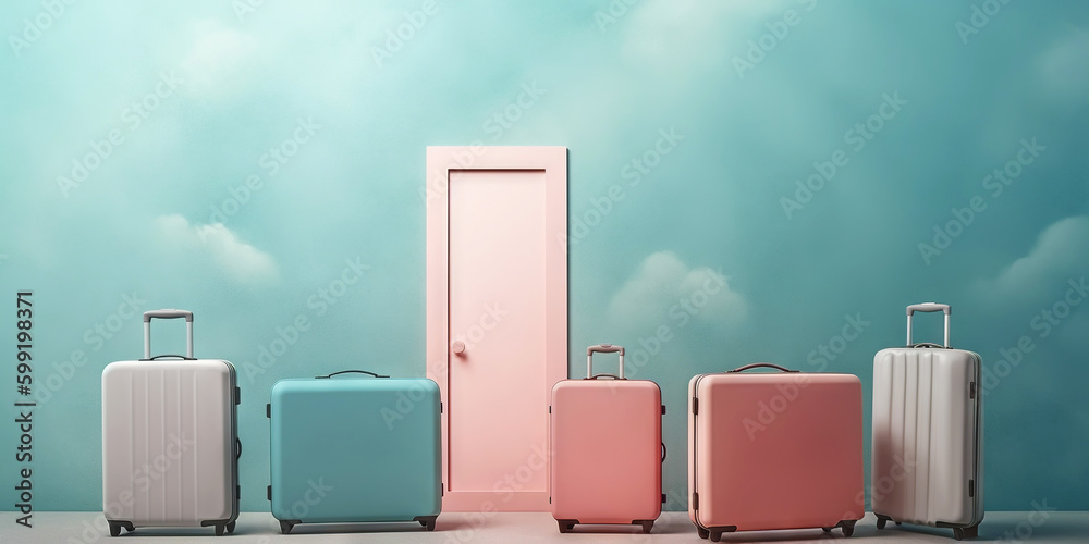 Pastel colored scene with travel suitcases, on uniform background. Trip concept. Generative AI