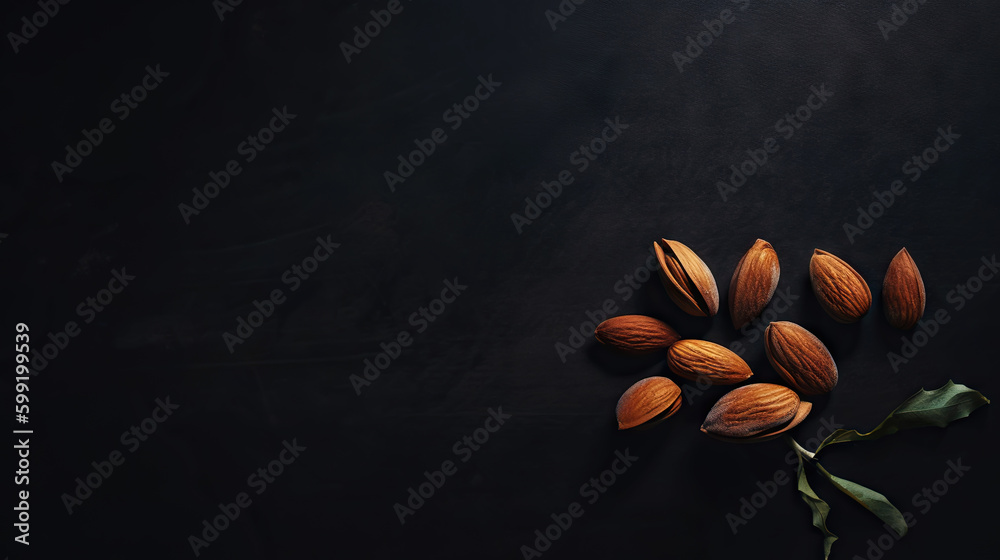 Group of raw peeled almonds on dark background. Generative AI