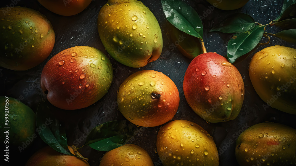 Fresh ripe mangos with water drops background. Fruits backdrop. Generative AI