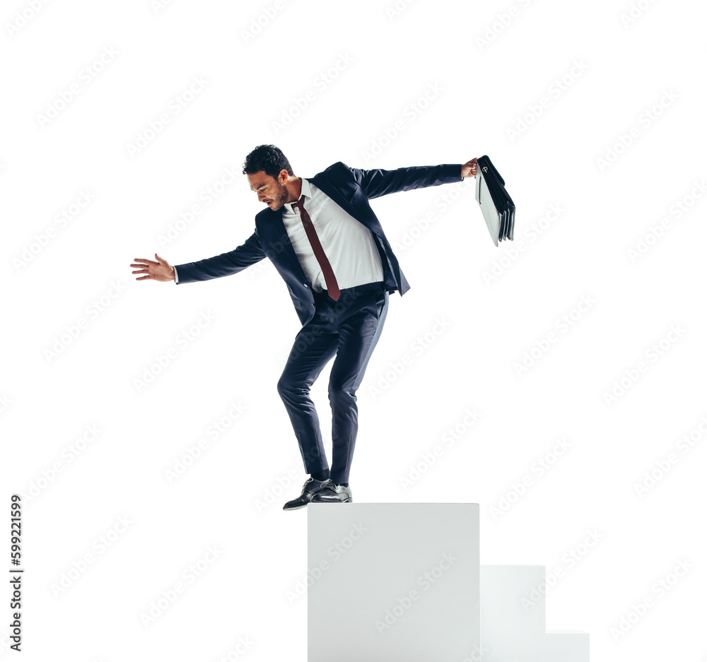 Young businessman jumping off a block of stairs on a transparent background