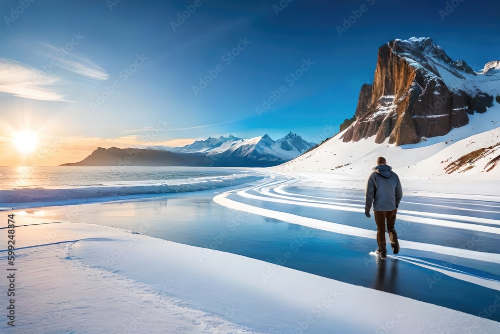 Awe-inspiring frozen seashore viewed by a traveler, Generated by AI.