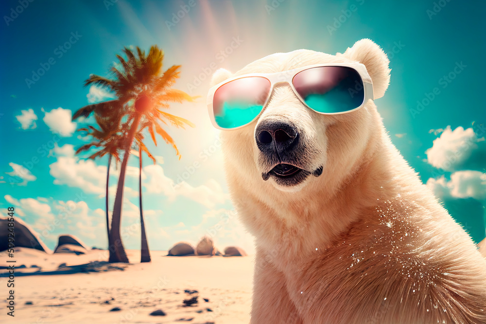 Polar bear with sunglasses on tropical sandy beach with palm trees. Summer holiday vacation on islan