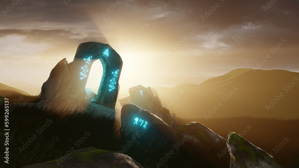 Ancient Temple Ruins With Glowing Runestones