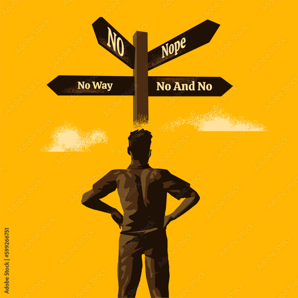 No way forward. A businessman stands and looks up at crossroad signs and gets no choice. People and 