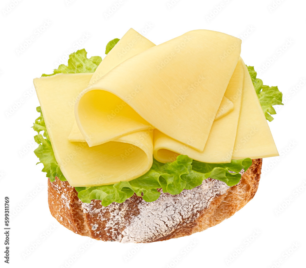 Cheese sandwich, gouda slices on bread isolated on white background, top view