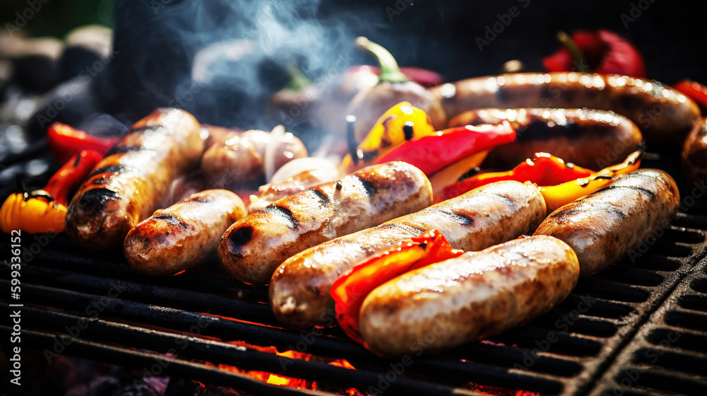 Grilled sausages and vegetables on a flaming BBQ grill. A delicious food poster for summer dining. G