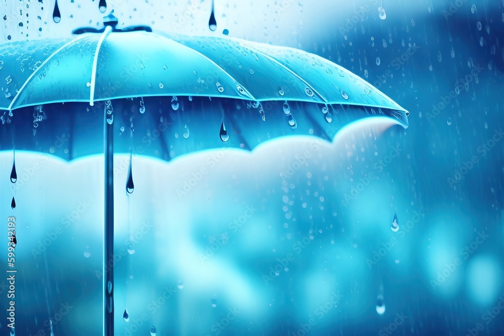 Beautiful blue umbrella close-up against the background of rain. AI generated.