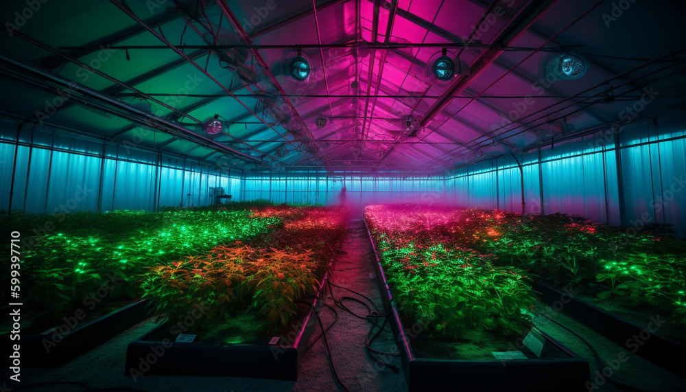 Futuristic greenhouse illuminates organic plant growth indoors generated by AI