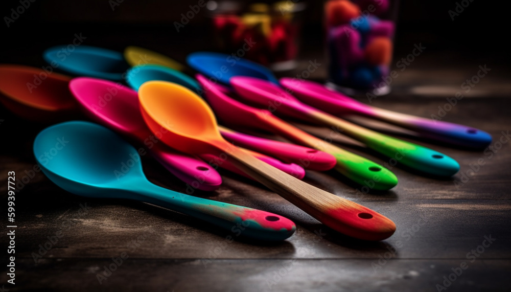 Colorful kitchen utensils set on wooden table generated by AI