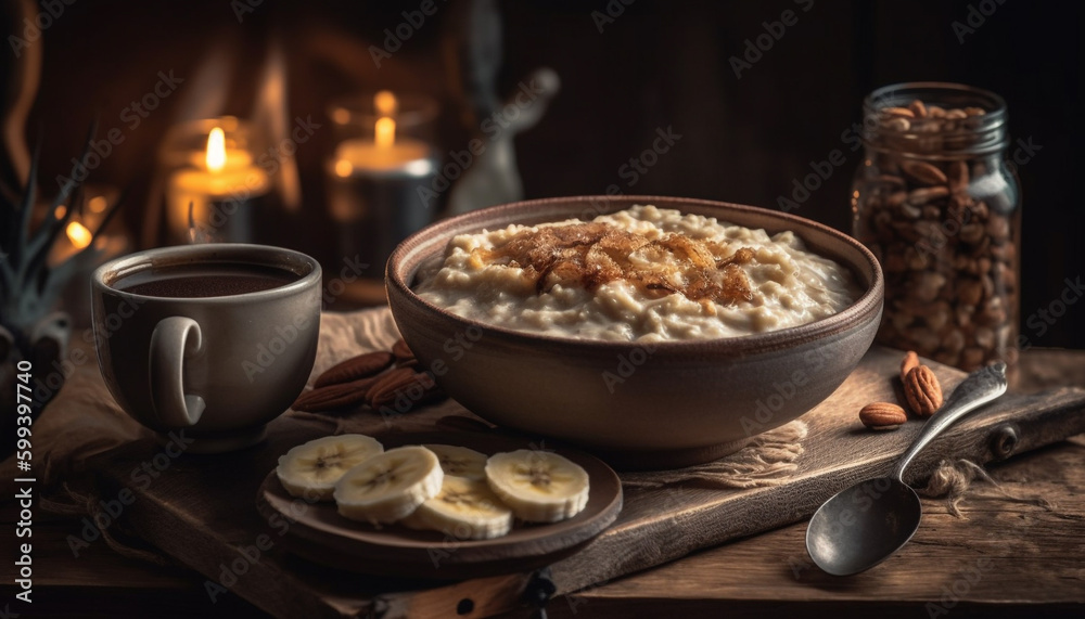 Organic oatmeal bowl with fresh fruit and honey generated by AI