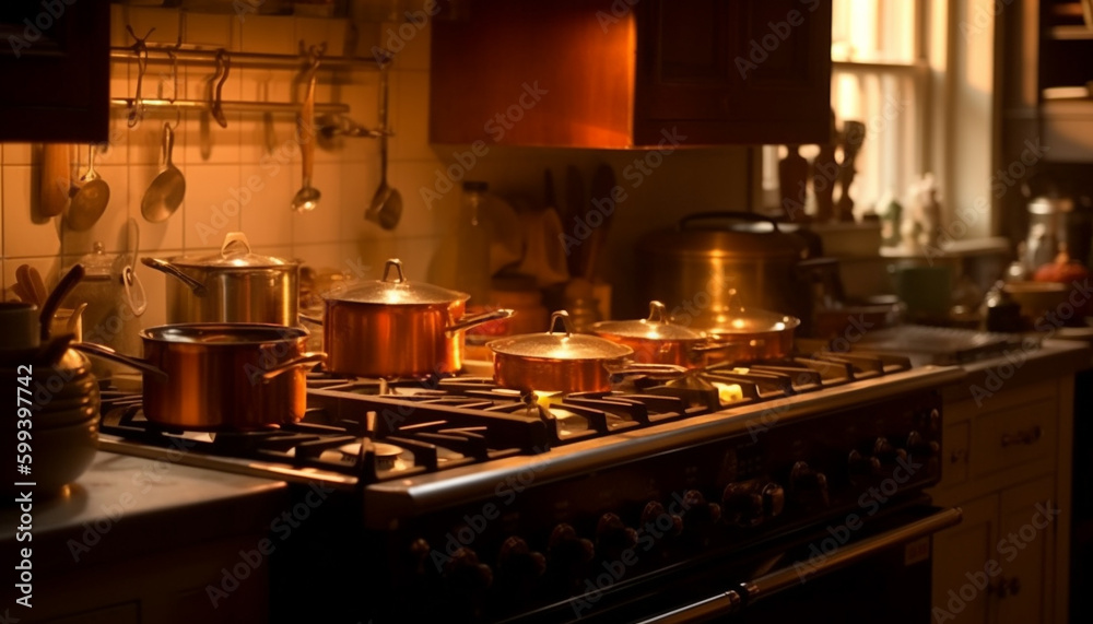 Glowing stove top heats cooking pan inside kitchen generated by AI