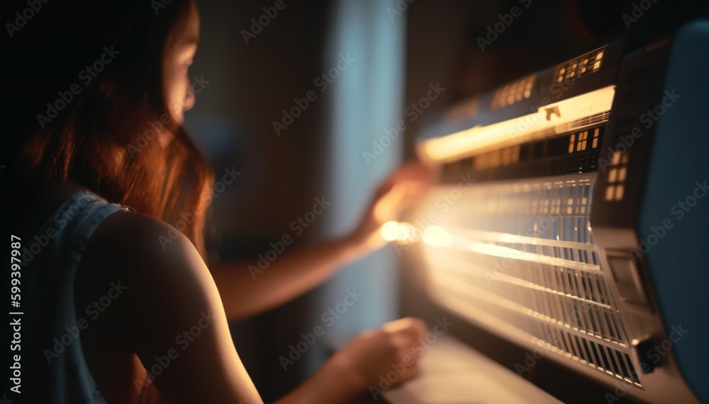 Young adult musician playing instrument indoors at night generated by AI