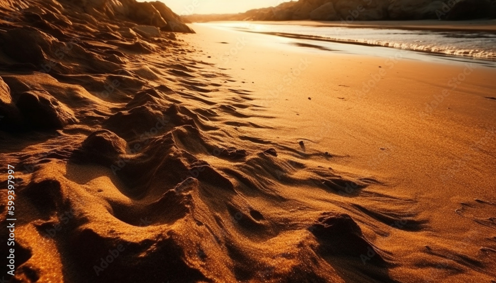 Golden sand dune meets rippled blue waters generated by AI