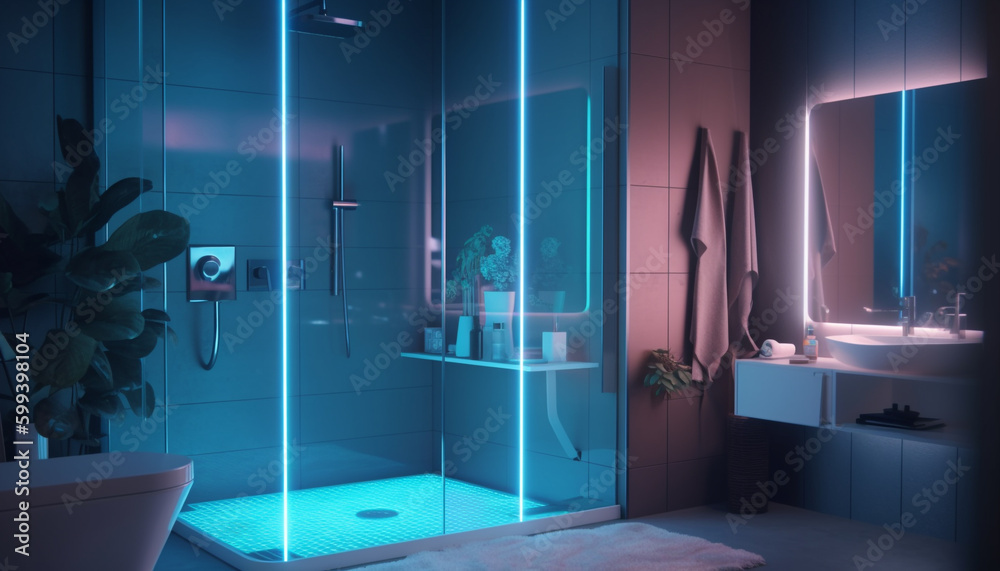 Futuristic design illuminates modern domestic bathroom at night generated by AI