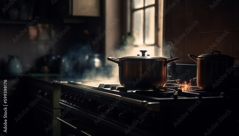 Steel stove top burner heats cooking pan generated by AI