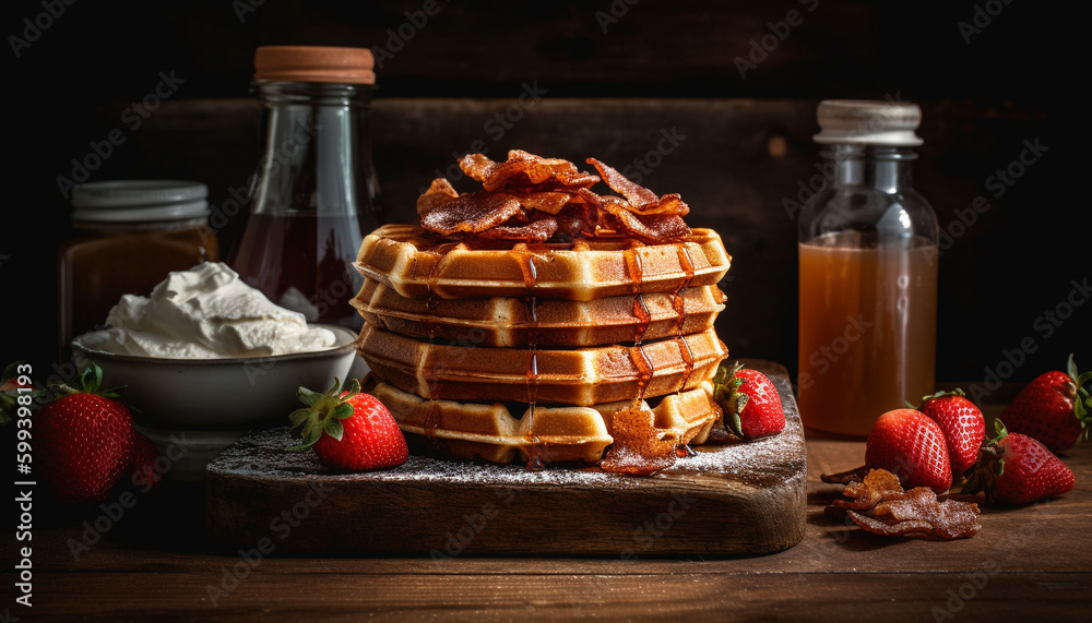 Freshly baked waffles with berry syrup indulgence generated by AI