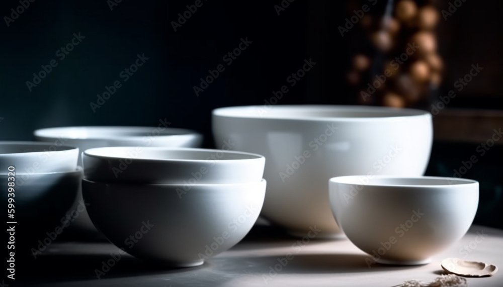 Blue pottery bowls stacked in kitchen cabinet generated by AI