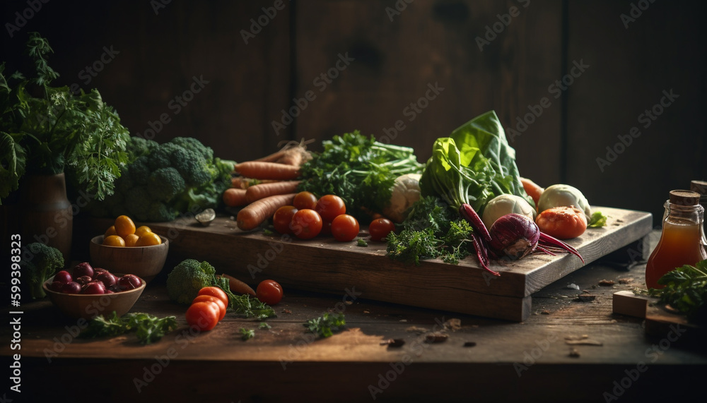 Fresh organic vegetables on rustic wooden table generated by AI