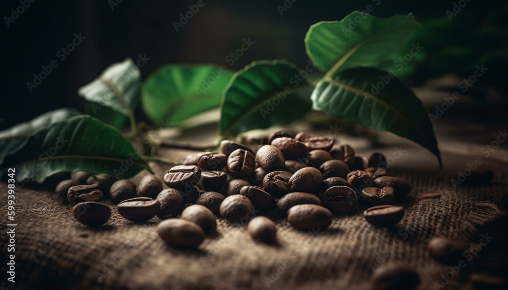 Organic coffee bean on rustic wood table generated by AI