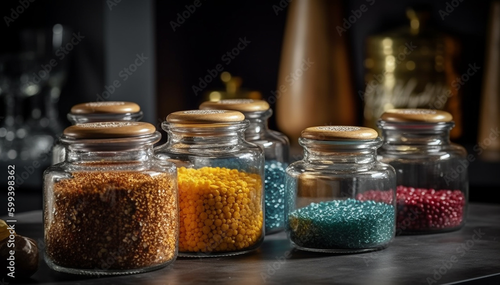 Healthy eating Organic spice collection in glass jars generated by AI