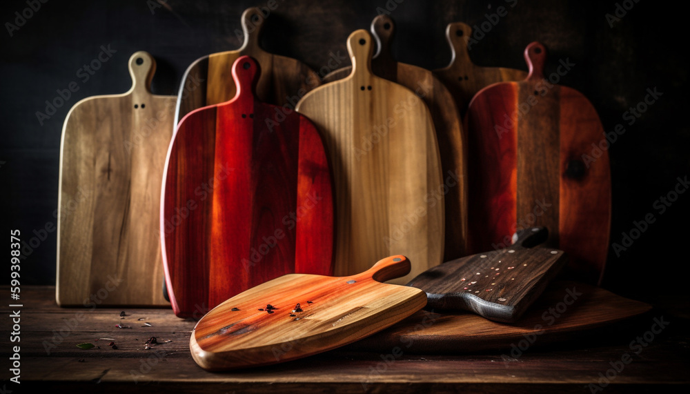 Wooden kitchen utensils on rustic cutting board generated by AI