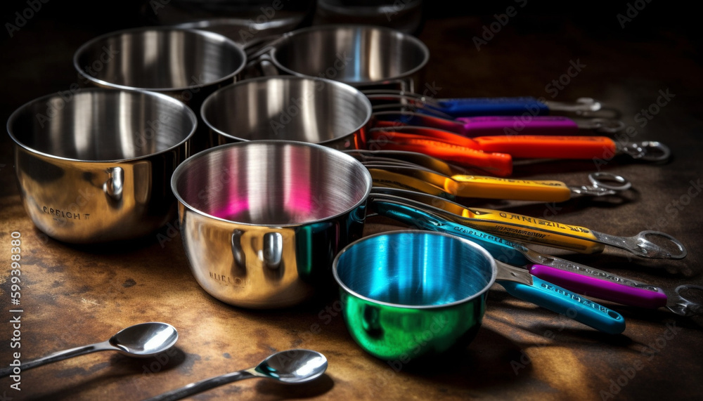 Colorful kitchen utensils arranged on wooden table generated by AI