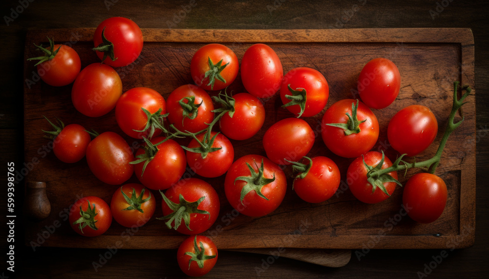 Juicy organic cherry tomatoes on rustic wooden plank generated by AI