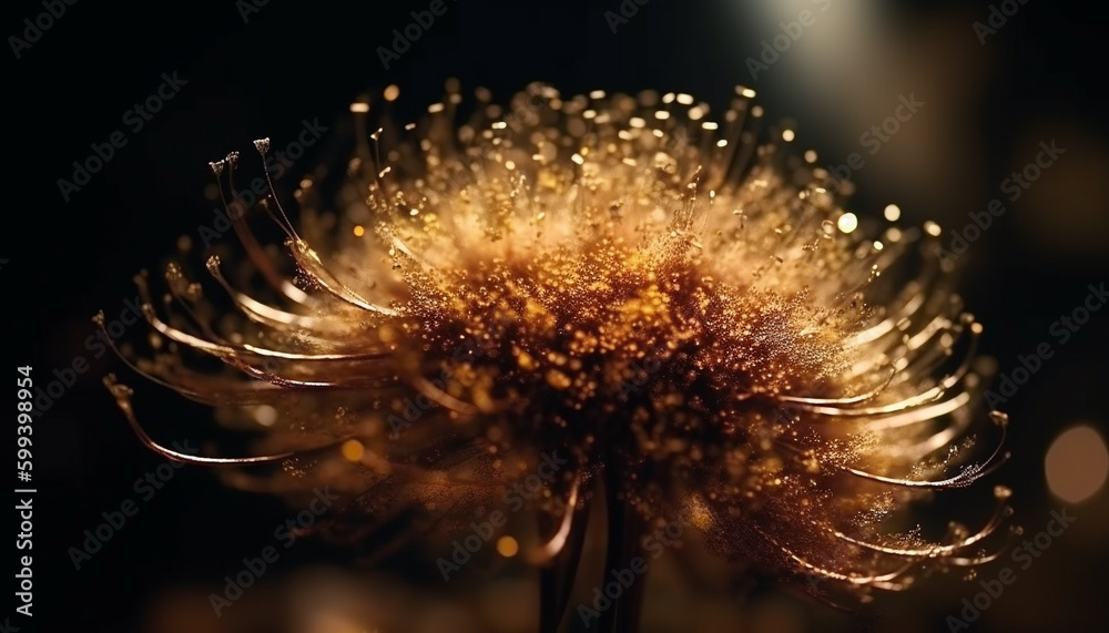 Soft focus on dewy dandelion, glowing in darkness generated by AI