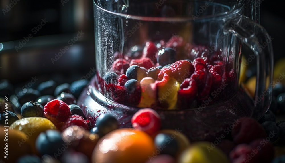 Sweet berry fruits adorn gourmet dessert table generated by AI