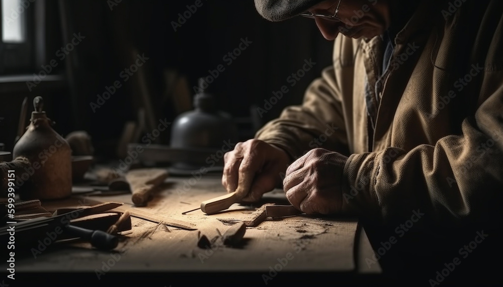 One carpenter hand carving a wooden plank generated by AI