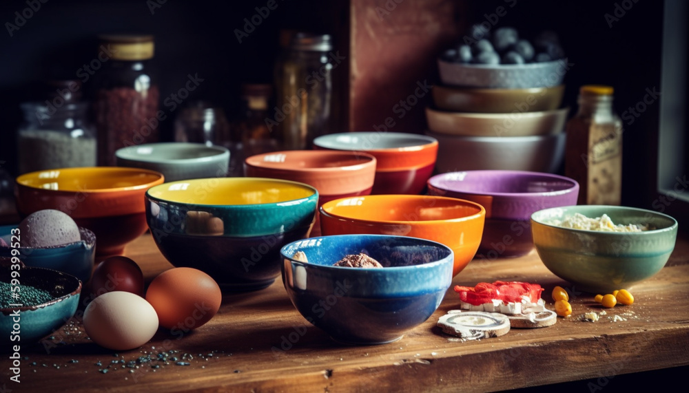 Colorful earthenware bowls adorn rustic wooden table generated by AI