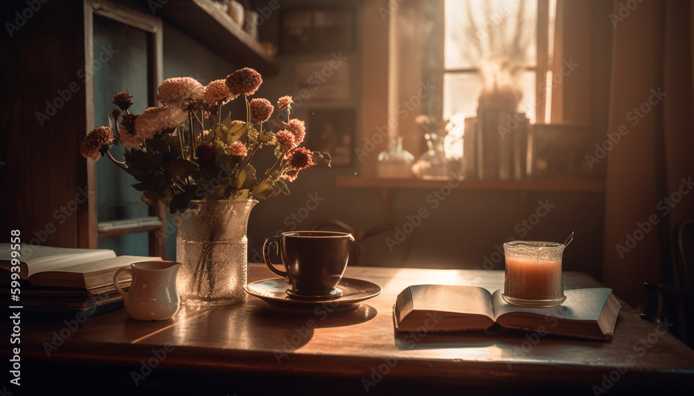 Old fashioned literature on rustic bookshelf, coffee cup generated by AI