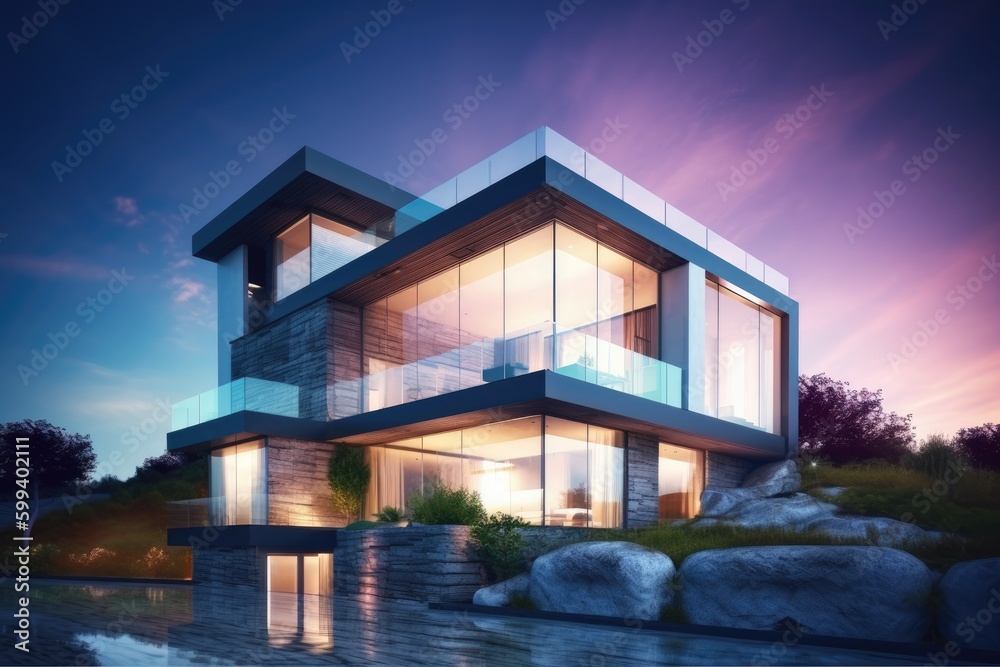 contemporary house with warm lighting during sunset Generative AI