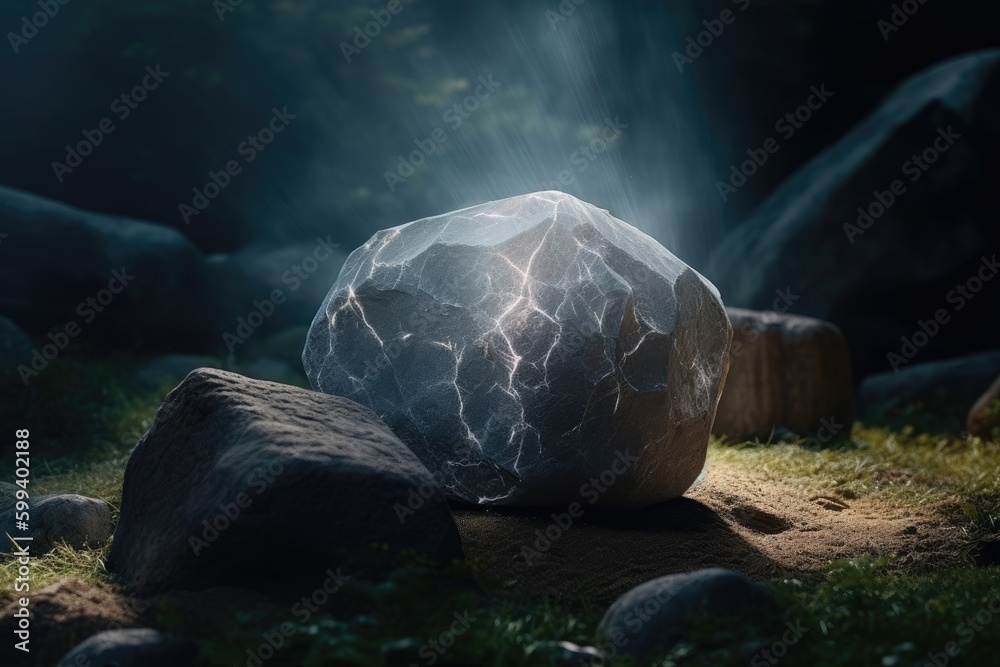 solitary large rock in the midst of a vibrant green landscape Generative AI