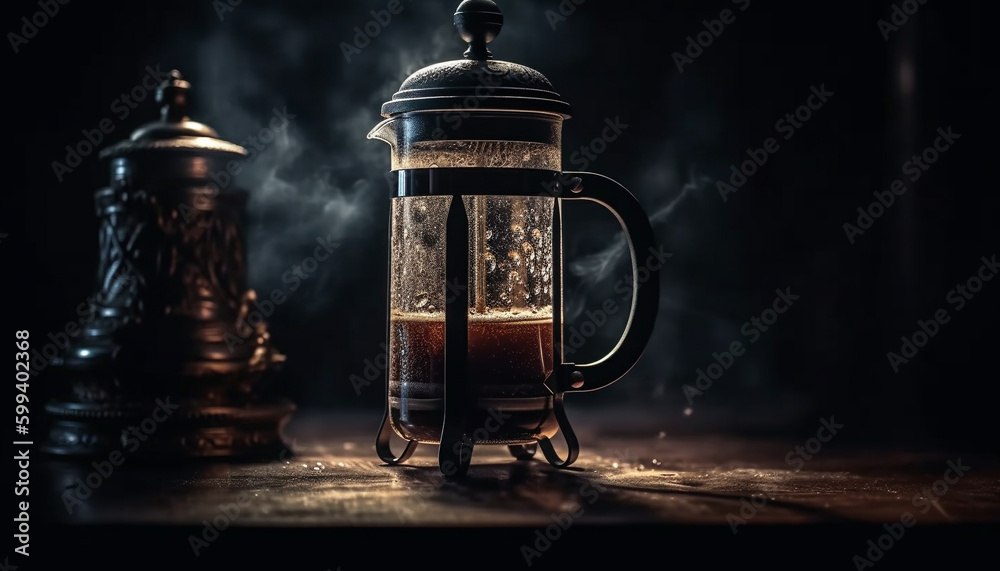 Rustic wood table holds hot coffee mug generated by AI