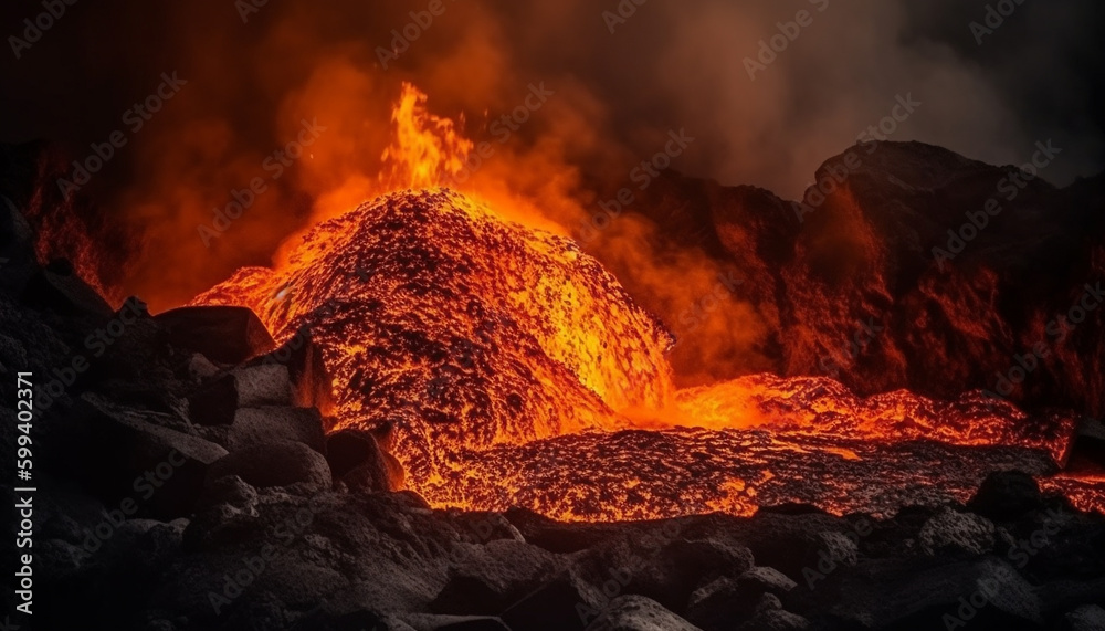 Glowing molten metal pouring from steel mill generated by AI