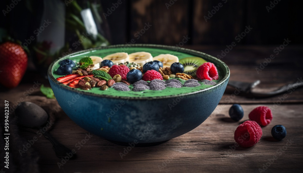 Fresh berries and yogurt on rustic wood table generated by AI