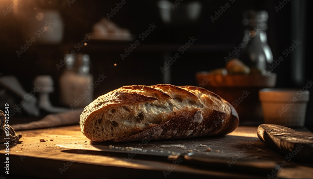 Freshly baked bread on rustic wooden table generated by AI