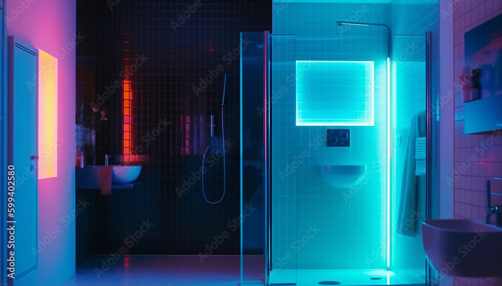 Futuristic apartment with digitally generated blue lighting equipment generated by AI