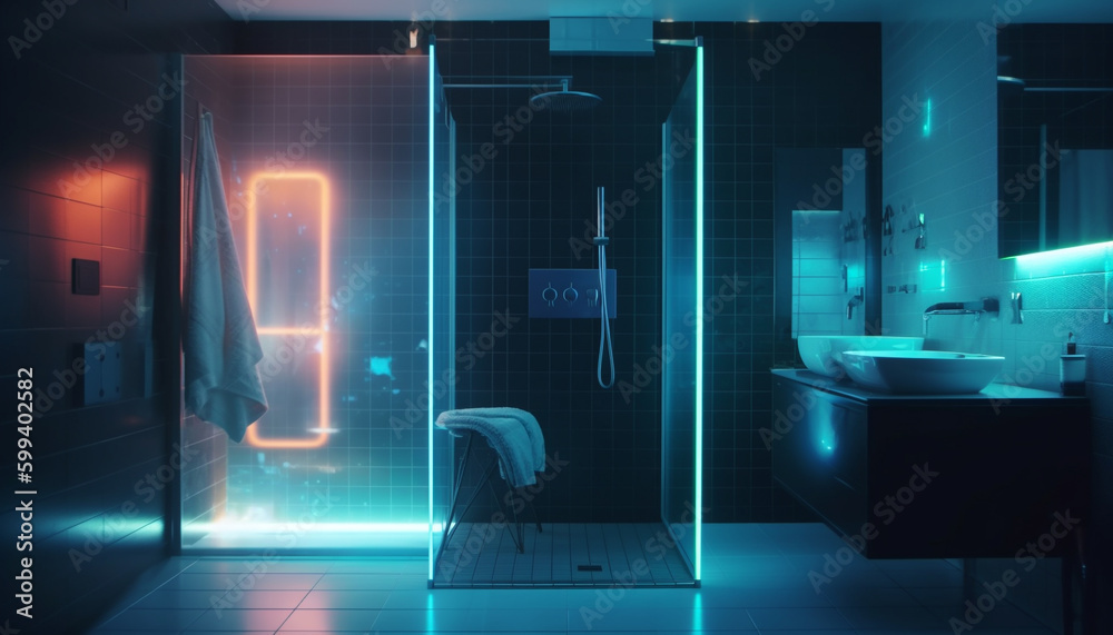 Glowing blue futuristic bathroom with shiny metal accents generated by AI