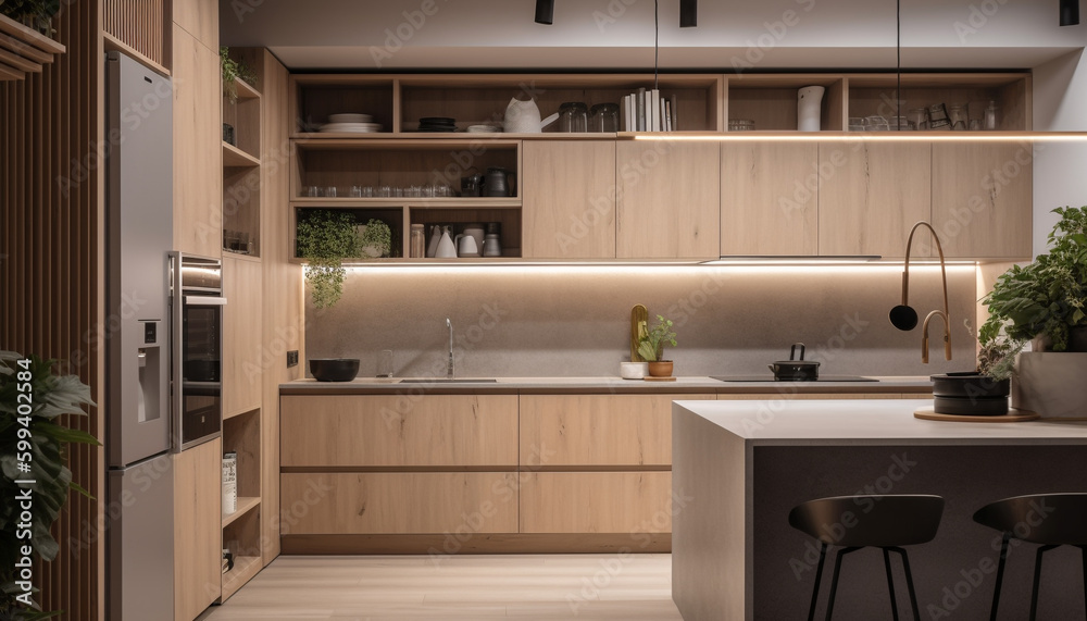 Elegant kitchen island with stainless steel appliances generated by AI