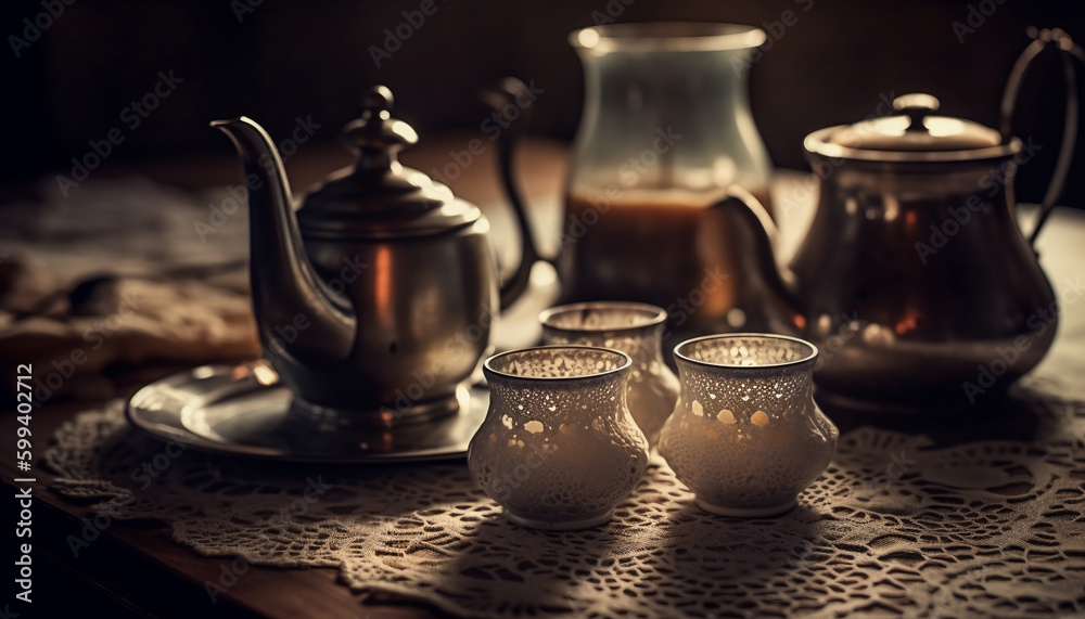 Antique teapot on wooden table exudes elegance generated by AI