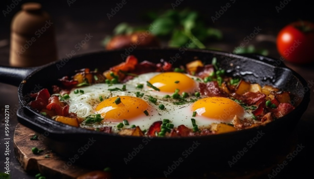 Rustic shakshouka with fresh organic vegetables and herbs generated by AI