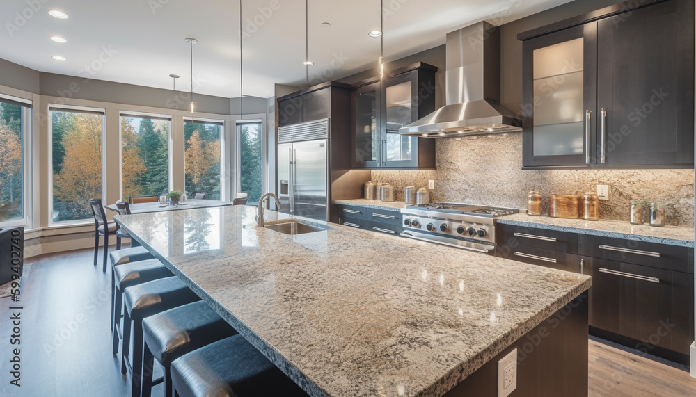 Luxury kitchen island, stainless steel appliances, elegant decor generated by AI