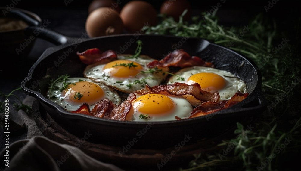 Freshly cooked breakfast on rustic wooden table generated by AI