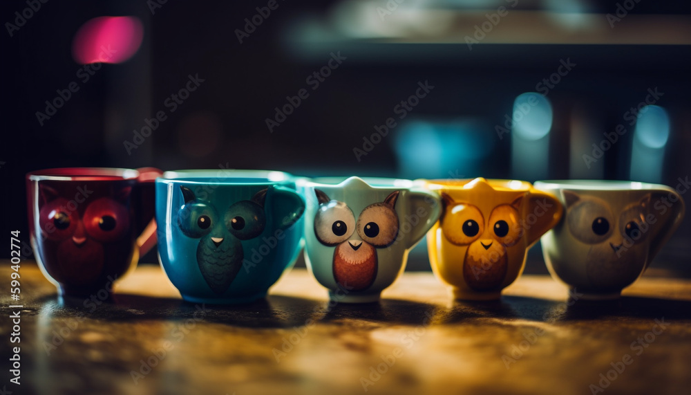 Multi colored pottery bowls in a row, cheerful decoration generated by AI