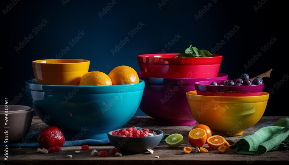 Fresh fruit bowl on wooden table outdoors generated by AI