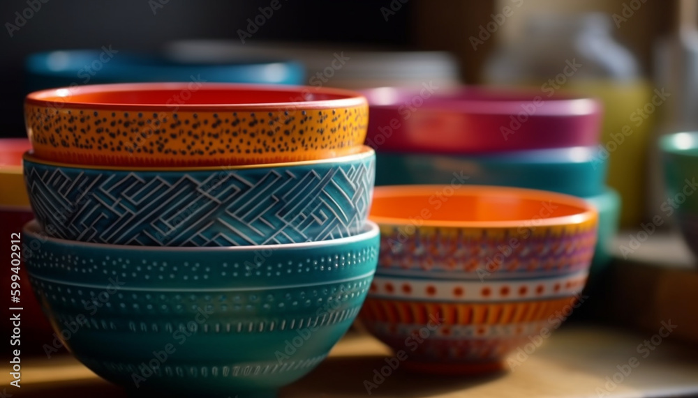 Vibrant colored pottery collection stacked on table generated by AI