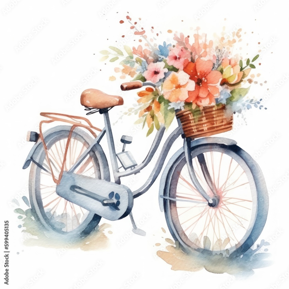 Cute watercolor bicycle with flowers. Illustration AI Generative.